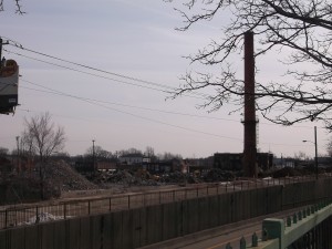 The iconic smokestack is the only standing structure left of the Sterns and Foster factory.