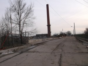 View of the smokestack from the east side at the end of the dead end road.